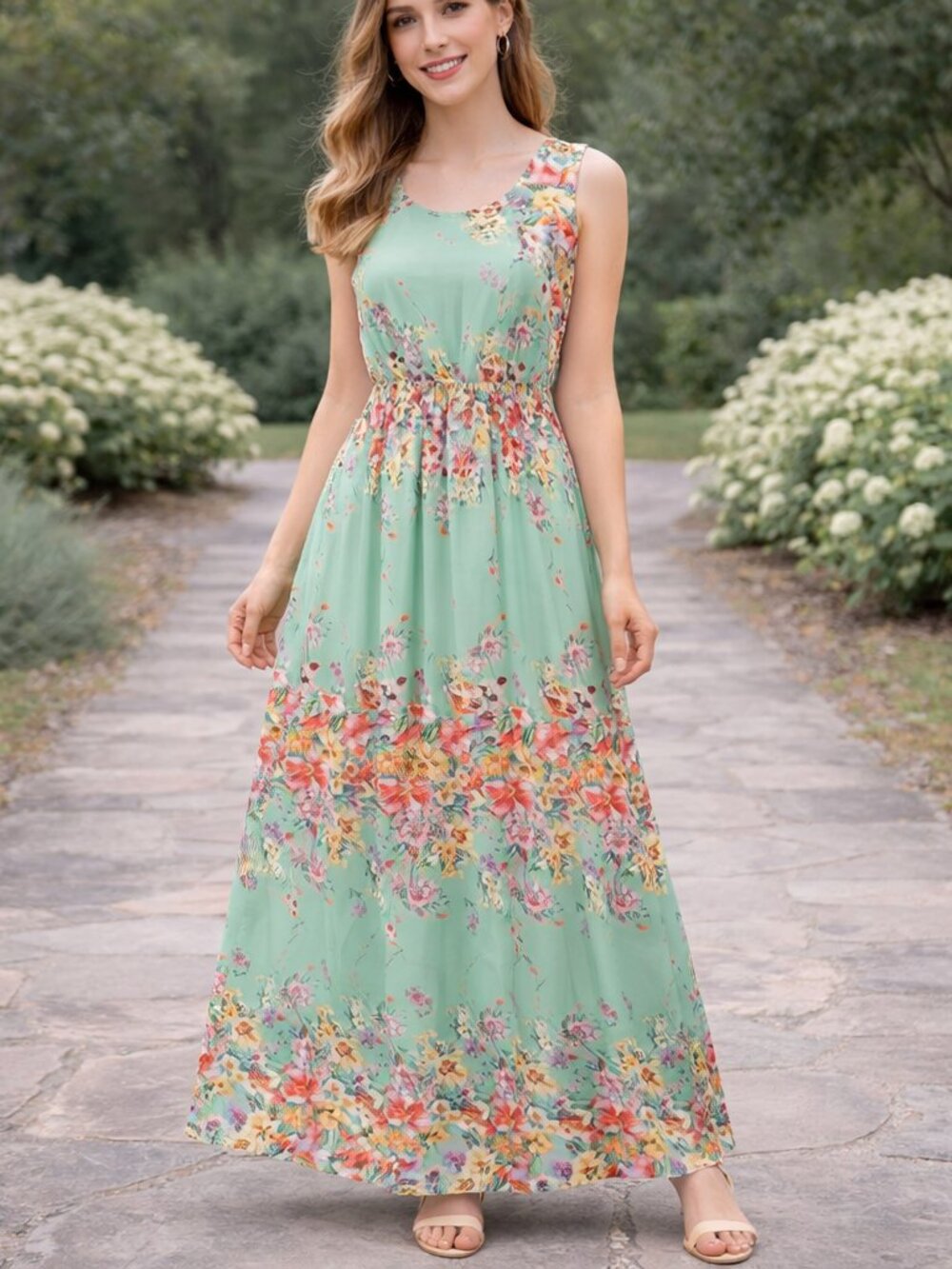 Floral Maxi Dress Sleeveless A Line Cottagecore Romantic Feminine Green - Picture 1 of 5